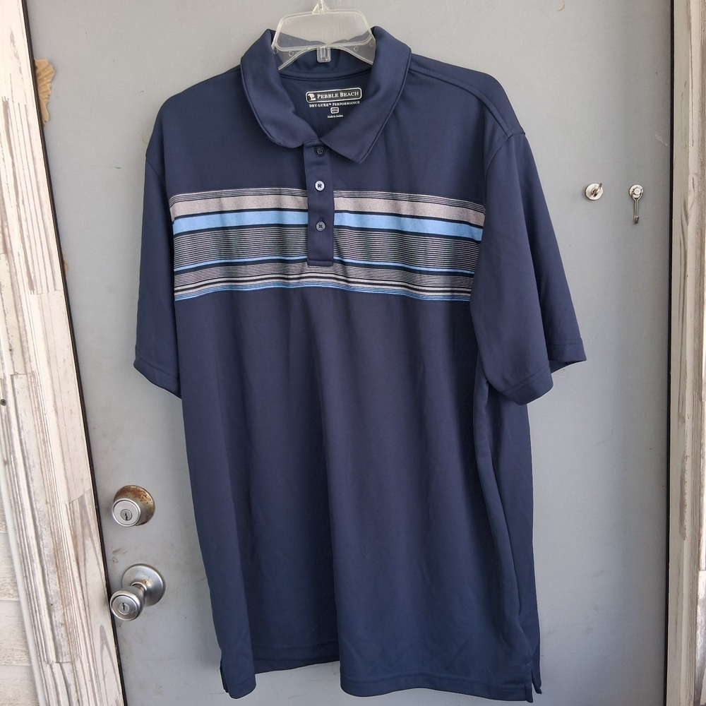 Pebble Beach Men's Dry-Luxe Performance Golf Polo Shirt XXL EUC Navy Sky Blue